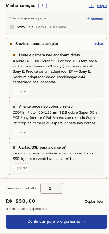 Minha seleção com três avisos: a lente PL/EF não encaixa direto na FX3 de bocal Sony E, a lente pode não cobrir o sensor full frame e falta cartão para a câmera