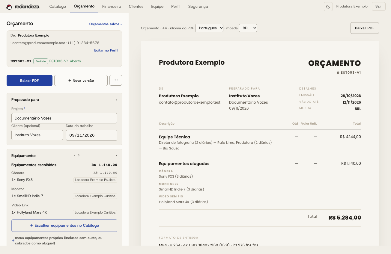 Orçamento na Redondeza: dados do trabalho, equipamentos da seleção e a prévia do PDF