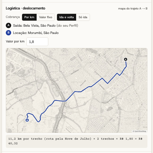 Deslocamento com trajeto no mapa dentro do orçamento